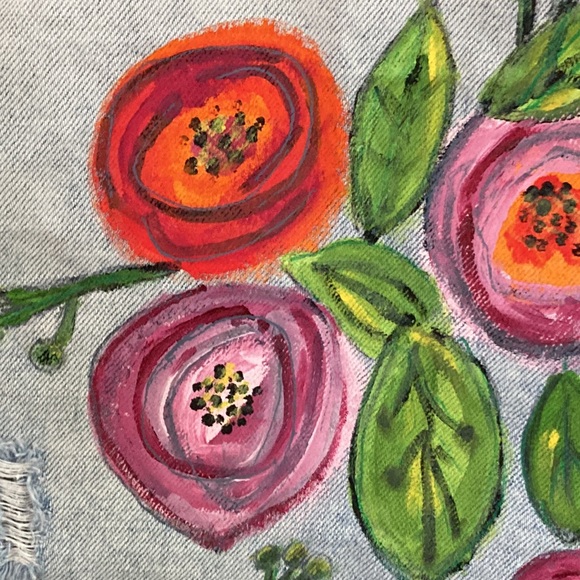 Artisan Hand Painted Abstract Flowers on Back Eighty-Two Denim Jacket Crop Med - Picture 5 of 9